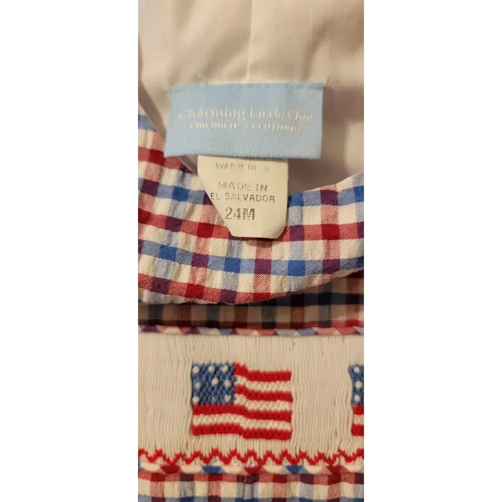 Charming Little One Red White Blue Liam Smocked American Flag Shortall 24M
